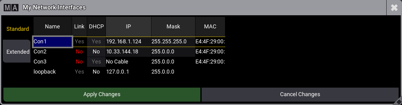 The image shows the standard tab of the My Network Interfaces pop-up.