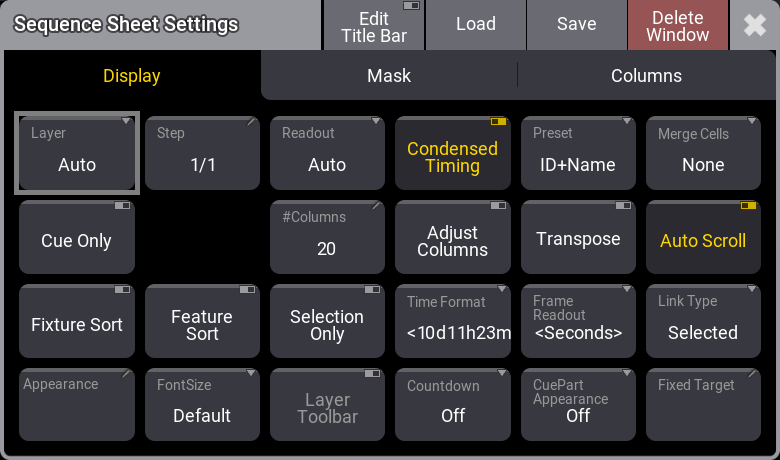 This image shows the sequence sheet settings.