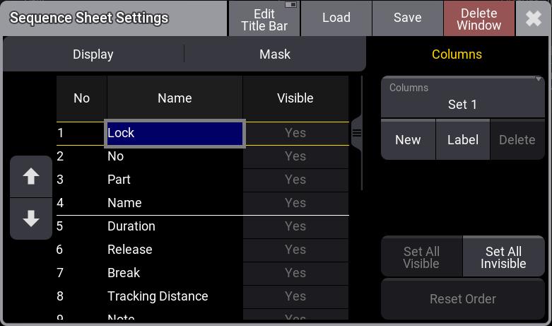 The sequence sheet with the columns tab is shown.