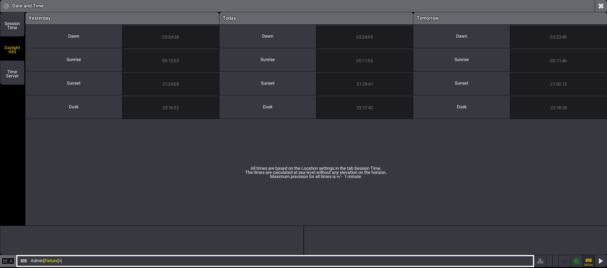 Date and Time window with Daylight Info settings