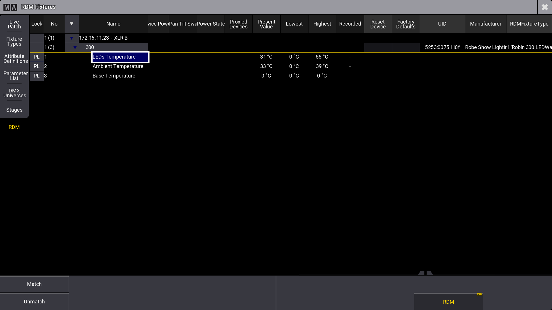 RDM tab in Live Patch displaying values for three different sensors.