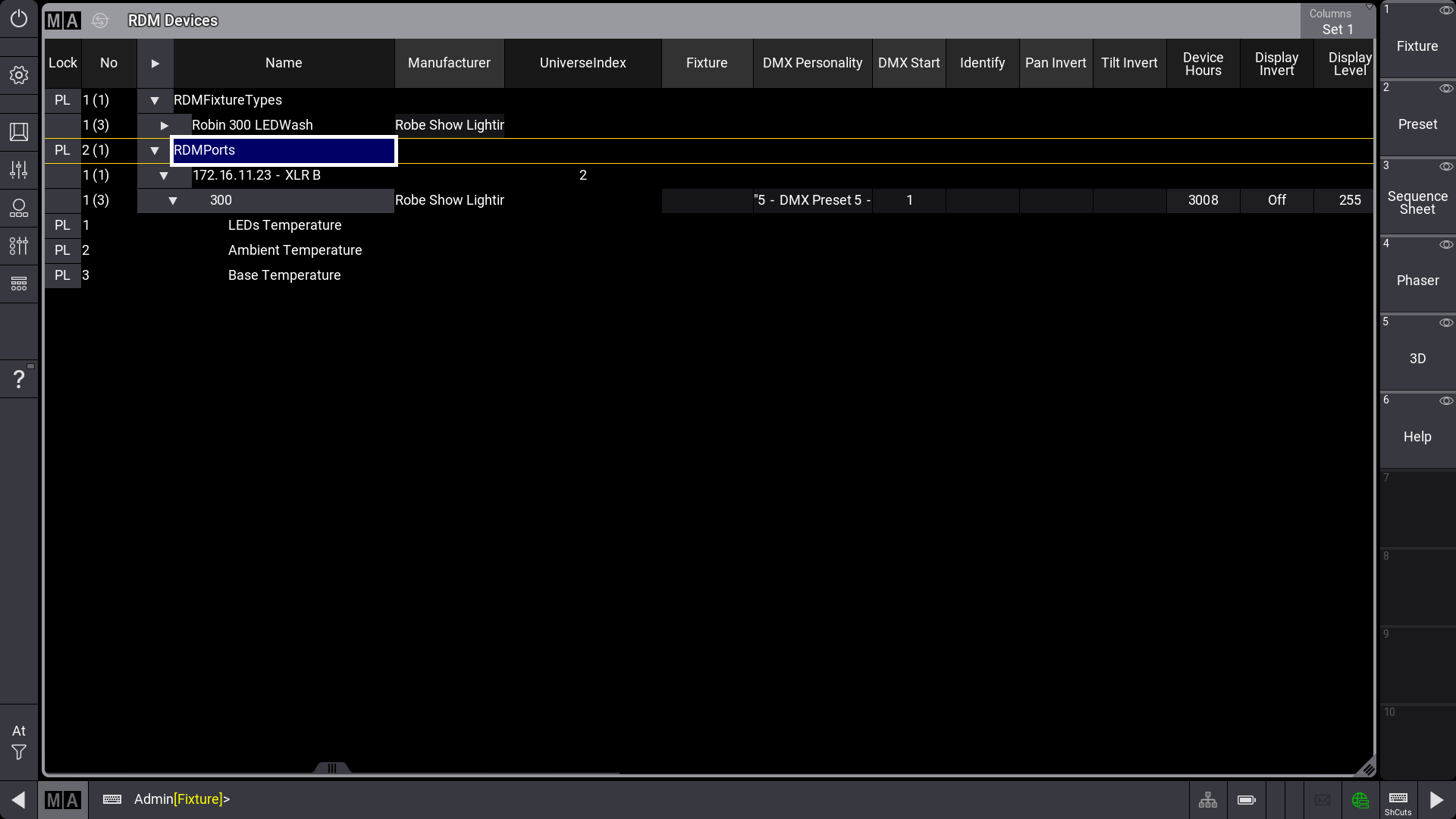 RDM devices window with RDMPorts in expanded mode. 