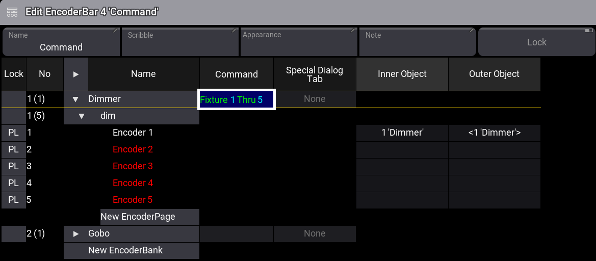 Set a command in the encoder bar editor