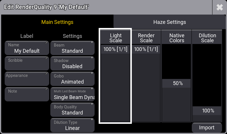 The Render Quality Editor on the Main Settings tab.