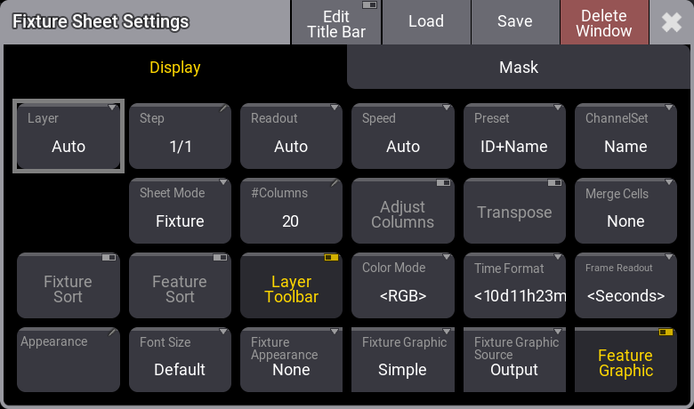 This image shows an example of the window settings. The example is for the Fixture Sheet.