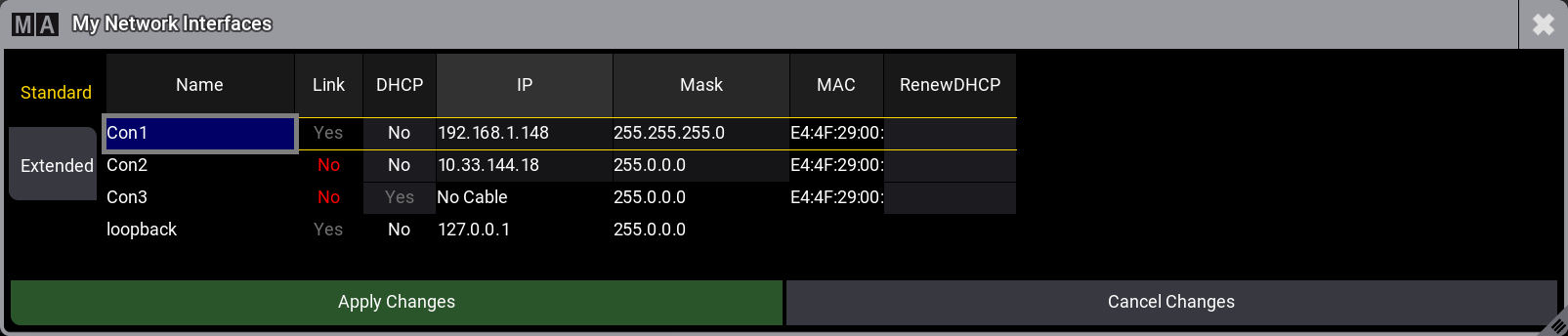 The image shows the standard tab of the My Network Interfaces pop-up.