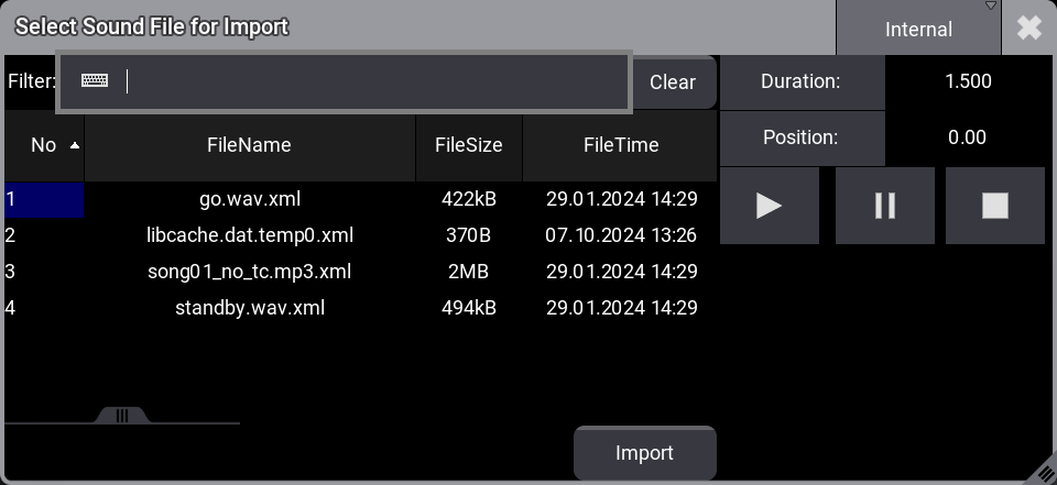 The Select Sound File for Import pop-up where a sound file can be selected.