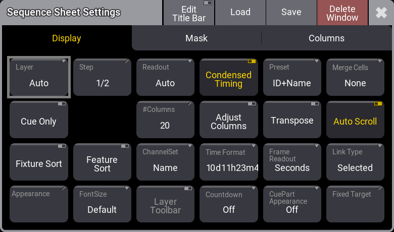 This image shows the sequence sheet settings.