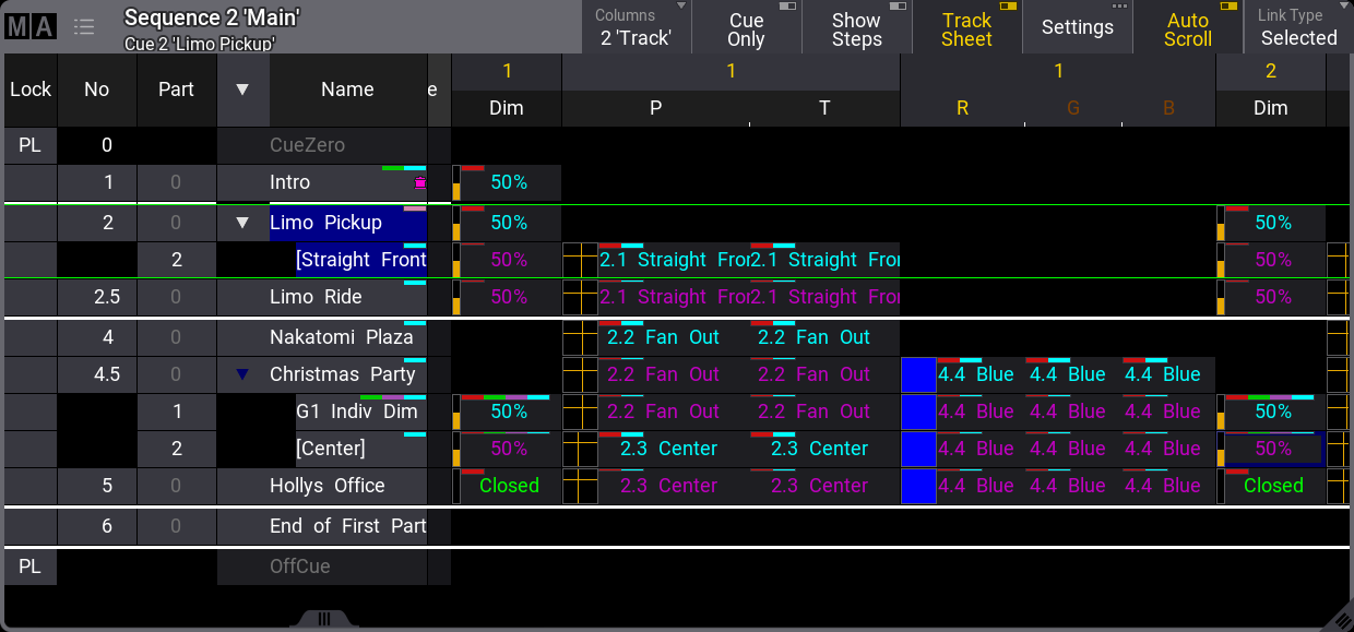 This image shows the Sequence Sheet in Tracking mode.