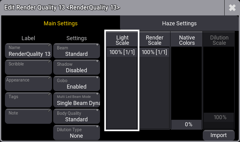 The Render Quality Editor on the Main Settings tab.
