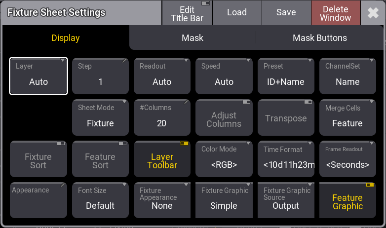 This image shows an example of the window settings. The example is for the Fixture Sheet.