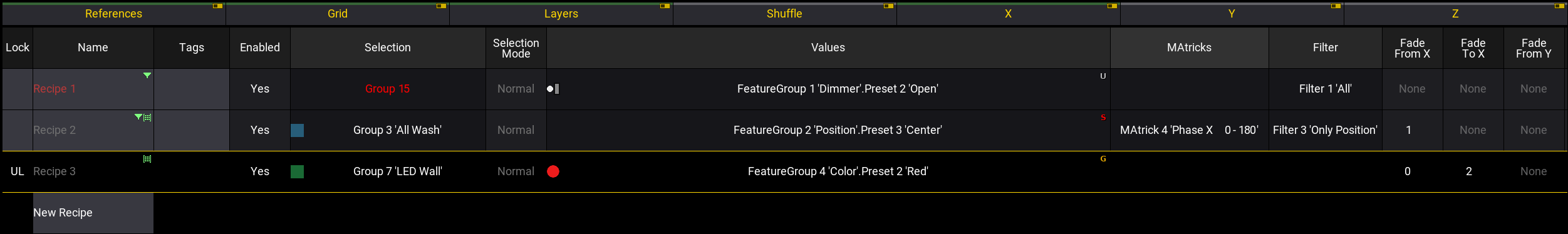 The image shows en example of the recipe editor with two recipe lines.