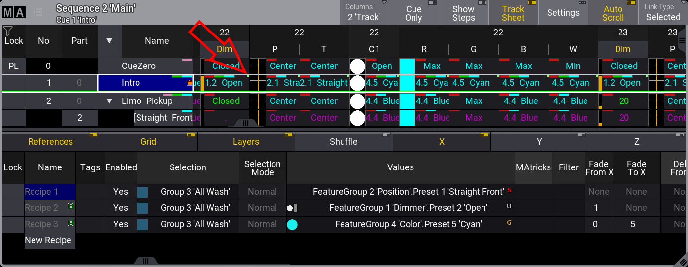 This example shows the green Recipe marker highlighted by a red arrow.