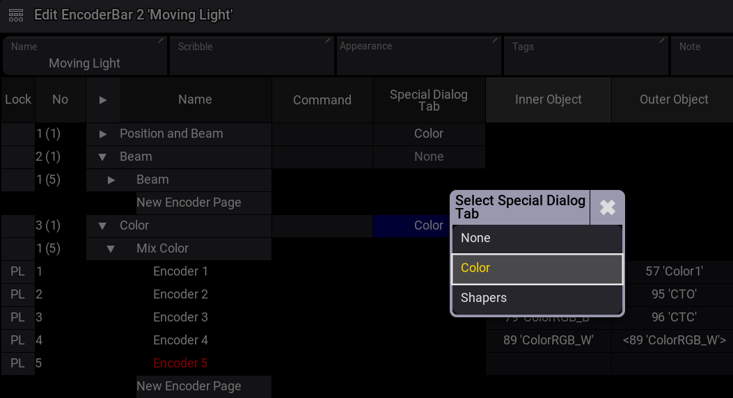 Encoder Bar Pool with Special Dialog Tab.