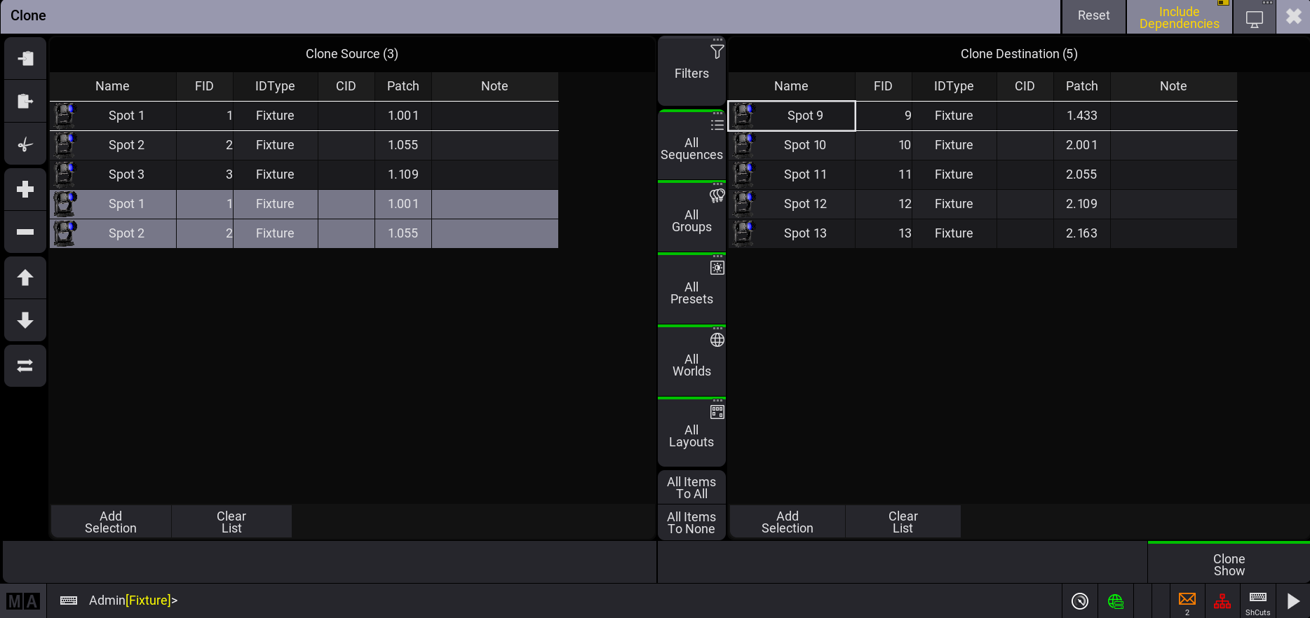Clone dialog with selected fixtures