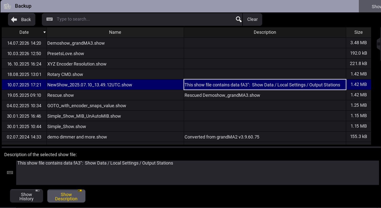 Backup Menu