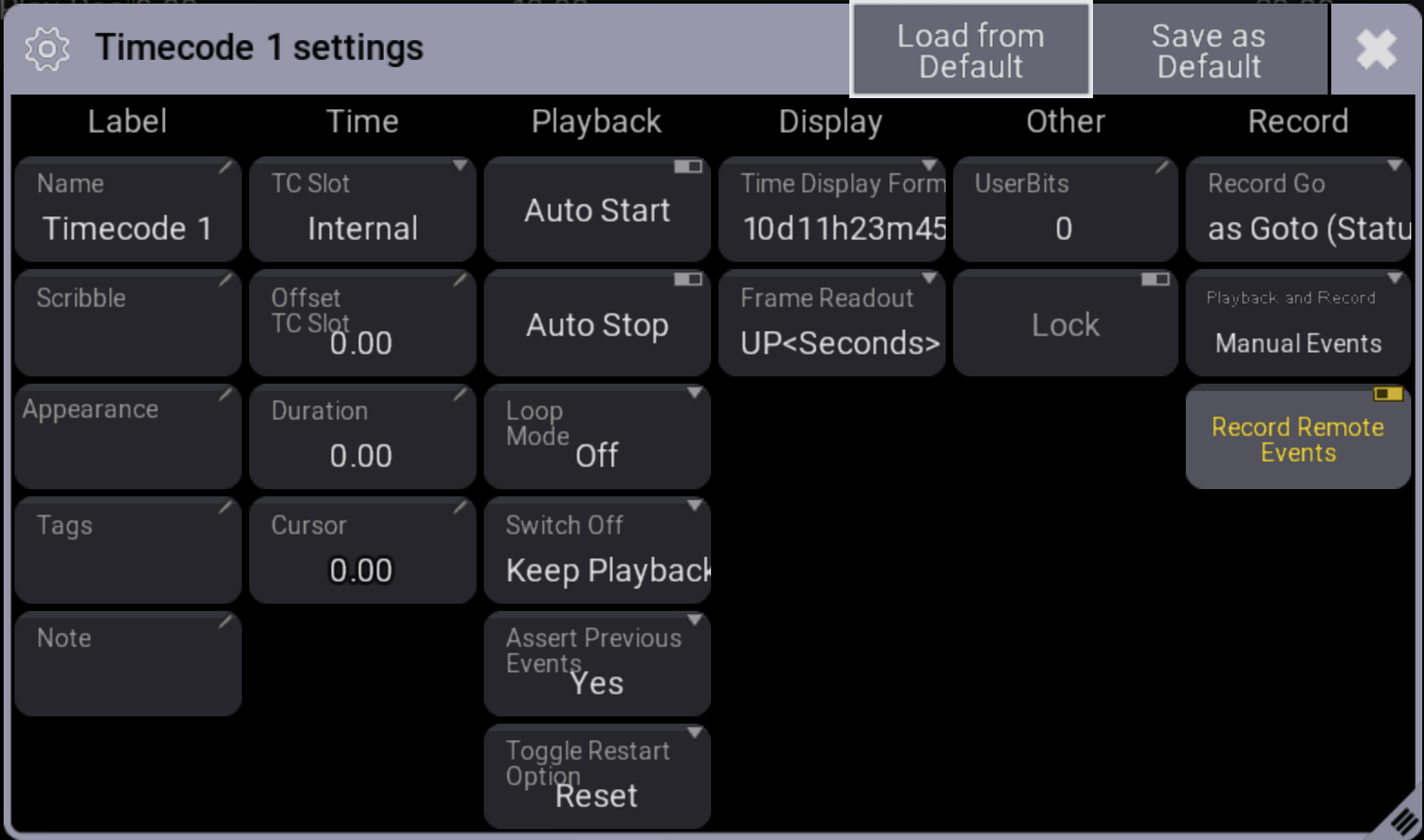Edit Settings pop-up for Timecode shows.