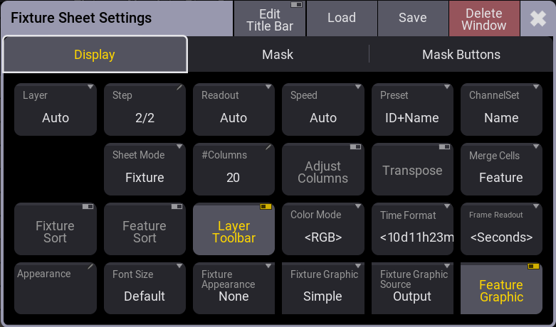 This image shows an example of the window settings. The example is for the Fixture Sheet.
