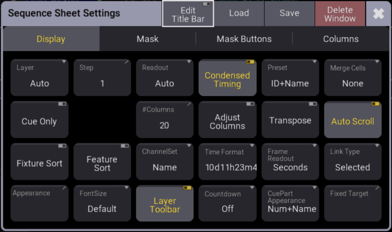 This image shows the sequence sheet settings.