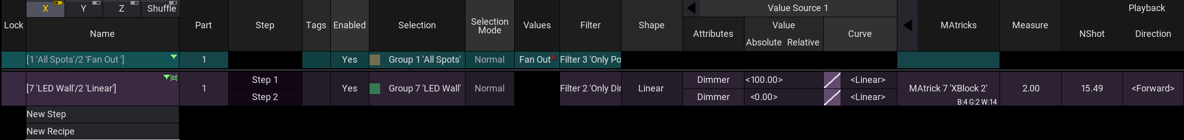 The image shows en example of the recipe editor with two recipe lines.