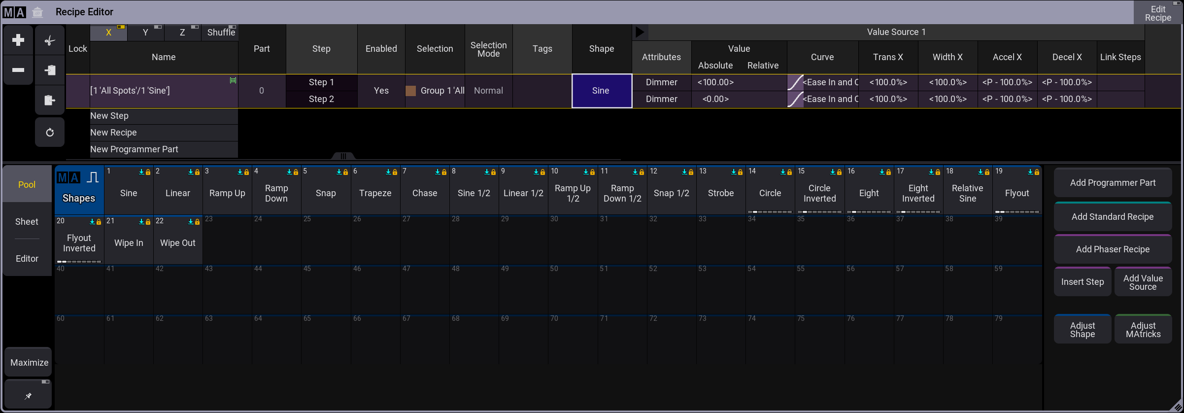 The image shows en example of the recipe editor with two recipe lines.