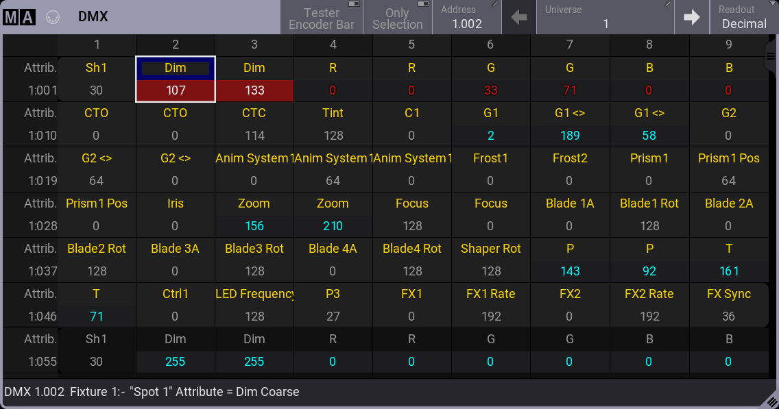DMX Sheet showing Programmer colors.
