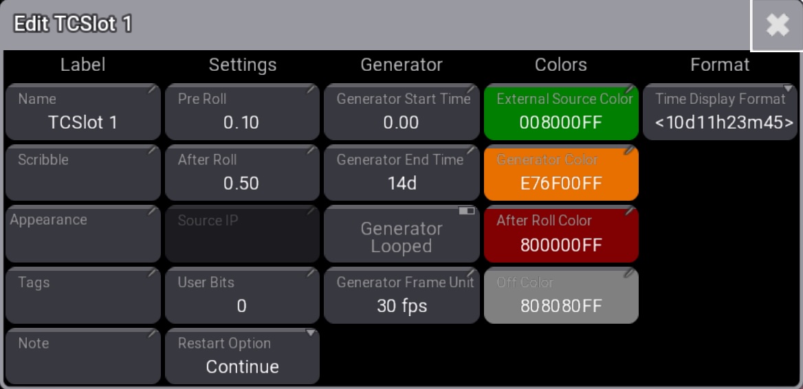 Timecode Slot Editor pop-up.