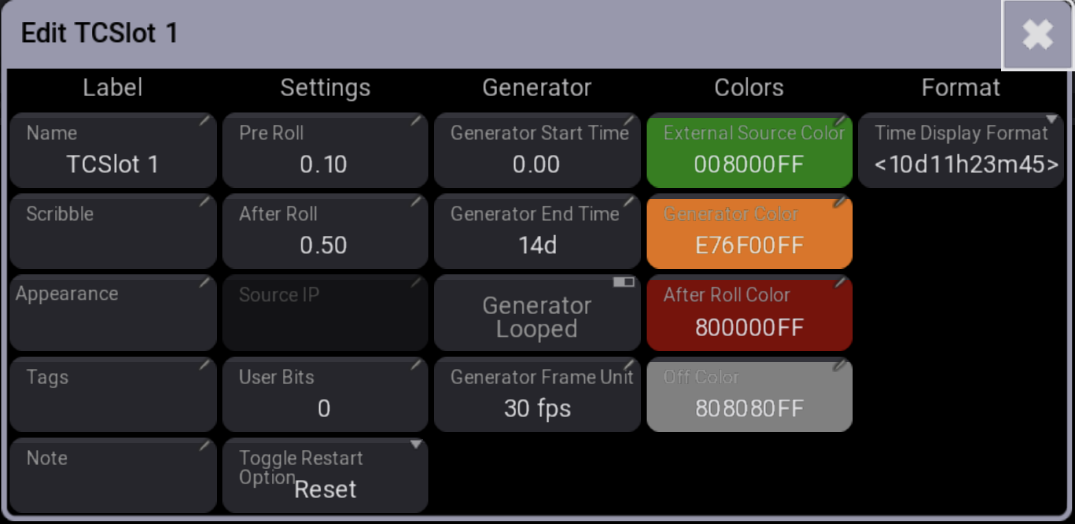 Timecode Slot Editor pop-up.
