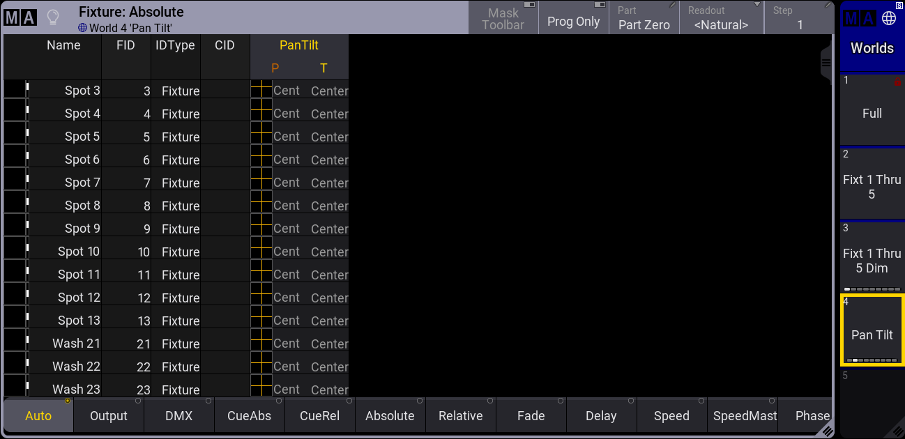 Fixture sheet with World named "PanTilt"&nbsp;active.