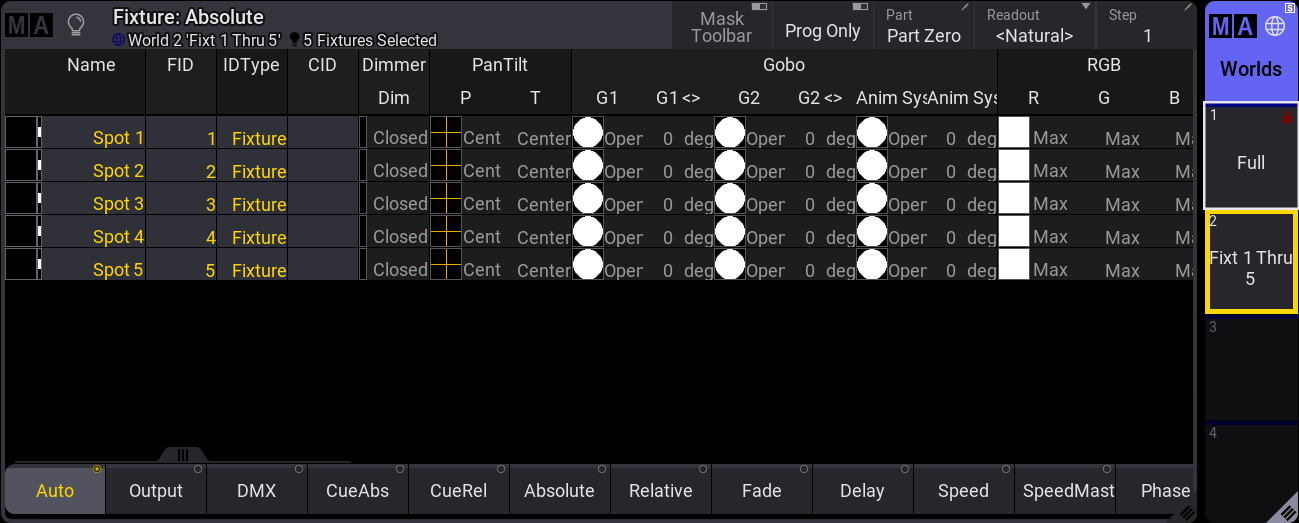 Fixture sheet with World named "Fixt 1 Thru 5" active.