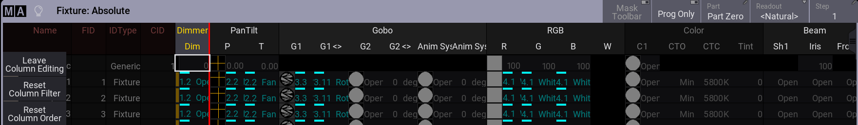 Fixture sheet with enabled column editing mode and a red vertical line.