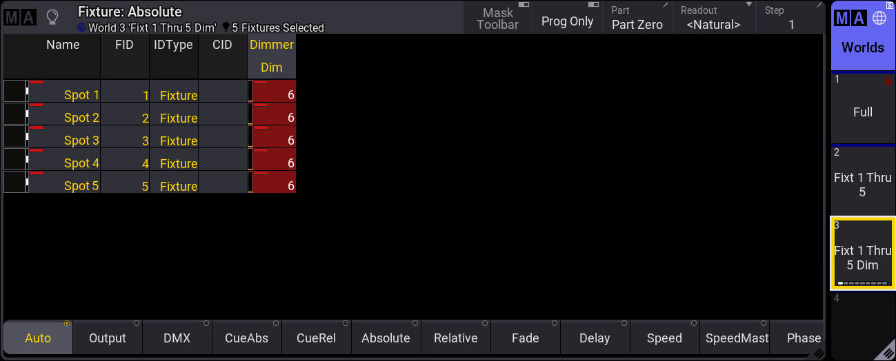 Fixture sheet with World named "Fixt 1 Thru 5&nbsp;Dim" active.