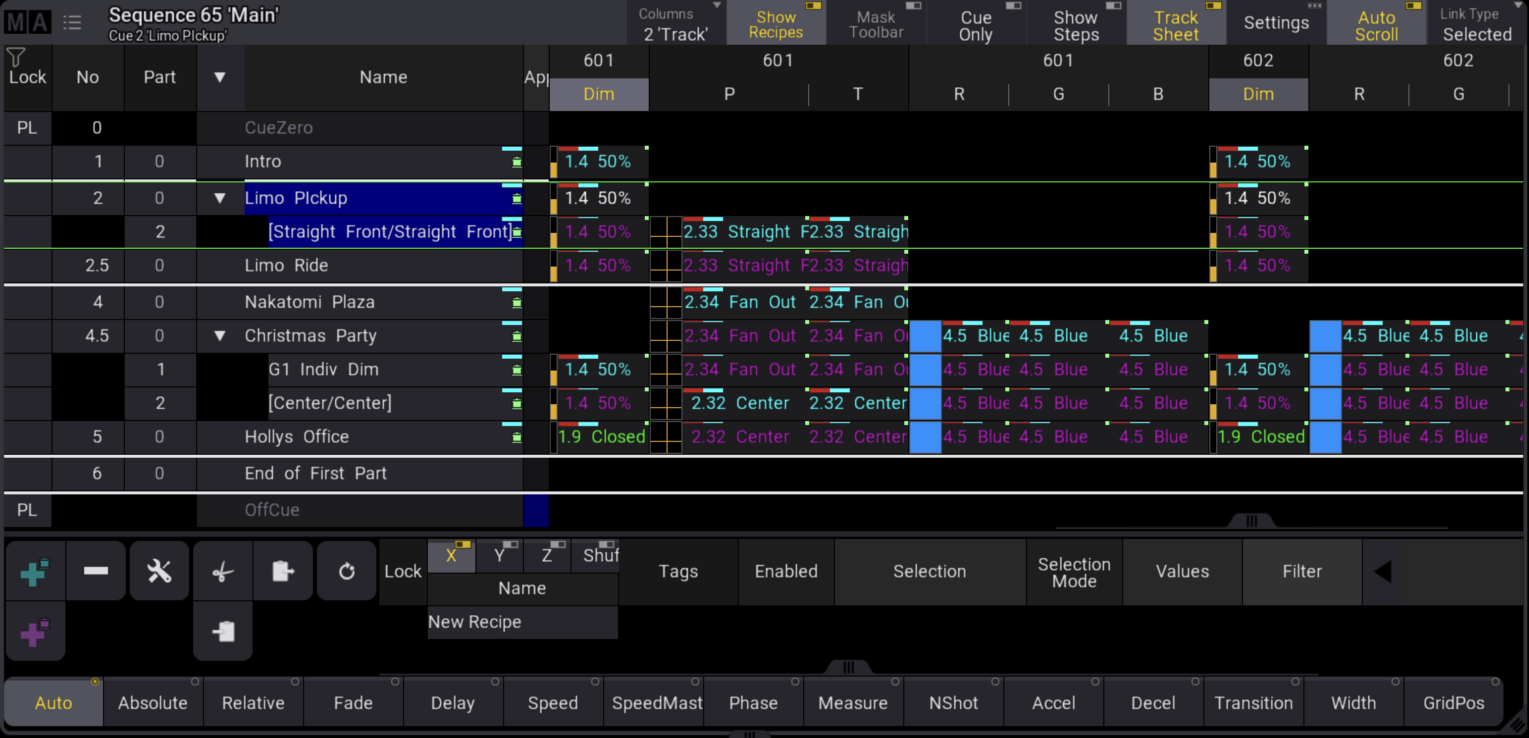 This image shows the Sequence Sheet in Tracking mode.